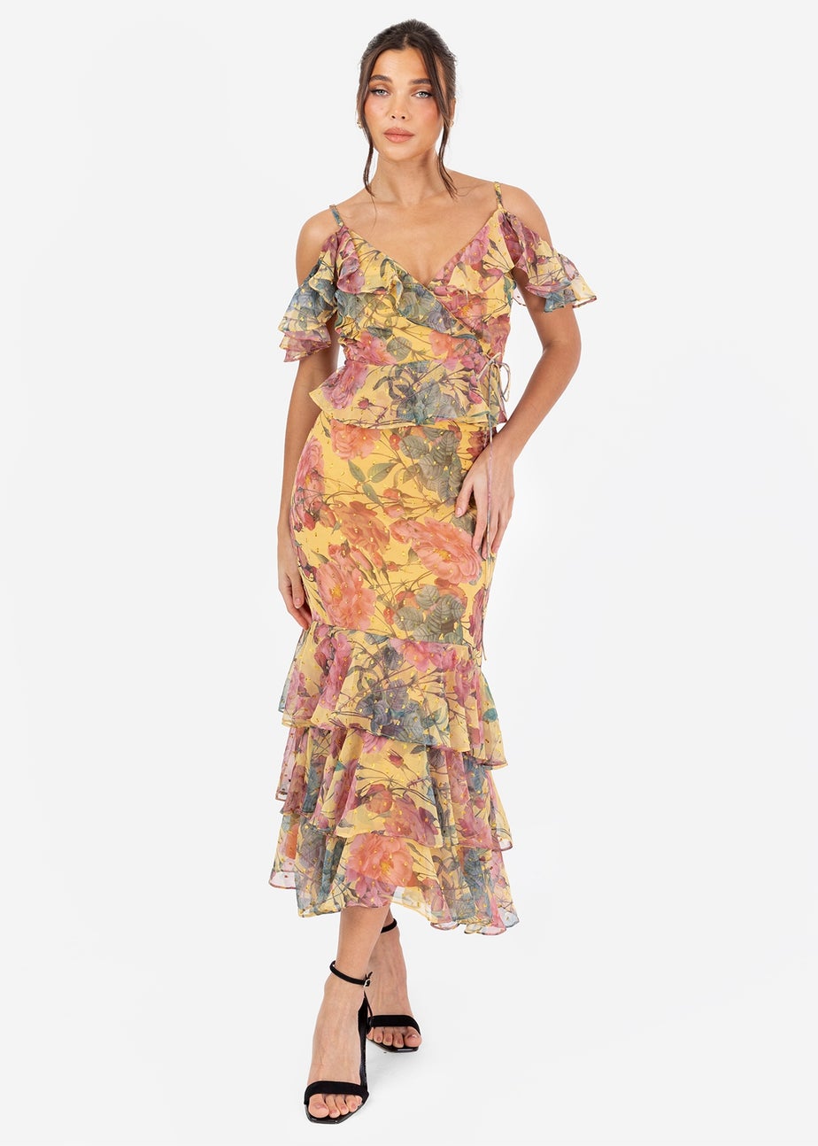 Anaya With Love Yellow Floral Print Ruffled Midi Skirt
