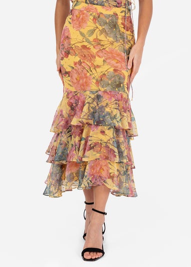 Anaya With Love Yellow Floral Print Ruffled Midi Skirt