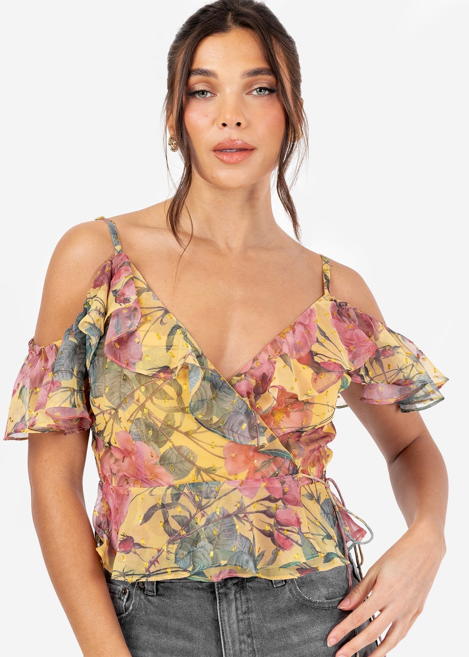 Anaya With Love Yellow Floral Print Wrap Cold Shoulder Top
