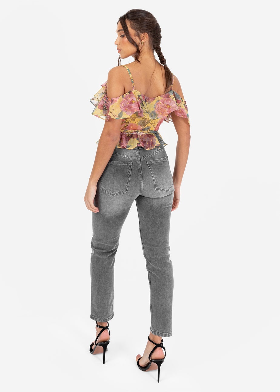 Anaya With Love Yellow Floral Print Wrap Cold Shoulder Top