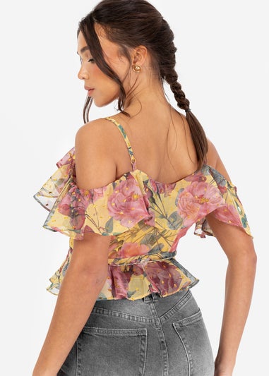 Anaya With Love Yellow Floral Print Wrap Cold Shoulder Top