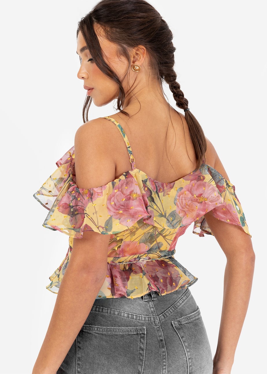 Anaya With Love Yellow Floral Print Wrap Cold Shoulder Top