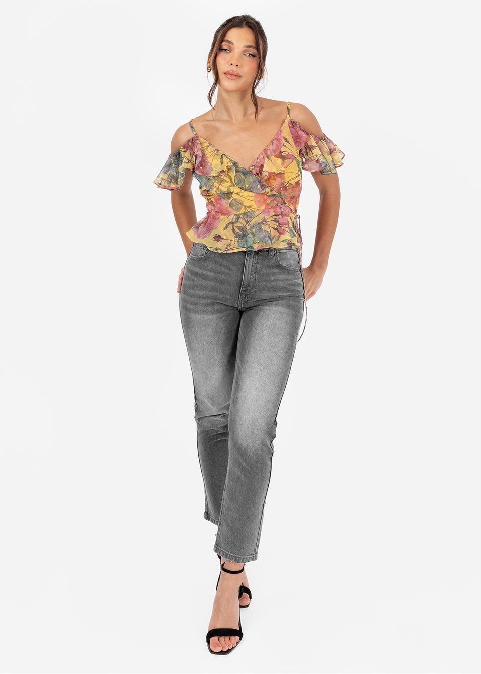 Anaya With Love Yellow Floral Print Wrap Cold Shoulder Top