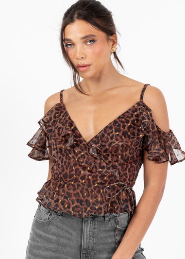 Anaya With Love Brown Animal Print Wrap Cold Shoulder Top