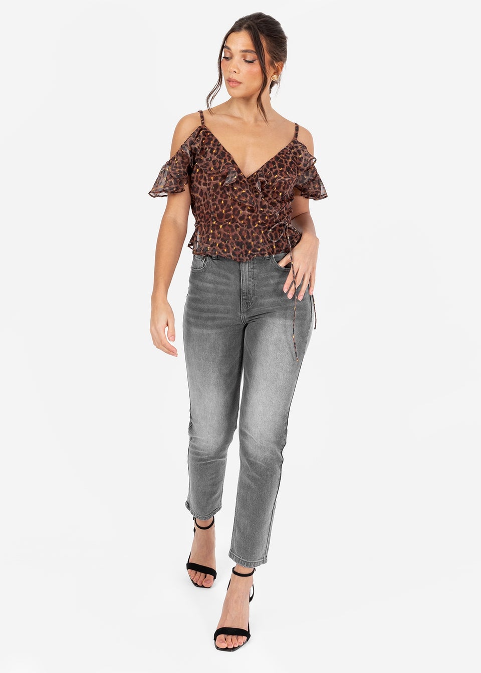 Anaya With Love Brown Animal Print Wrap Cold Shoulder Top