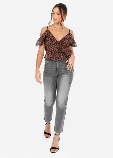 Anaya With Love Brown Animal Print Wrap Cold Shoulder Top