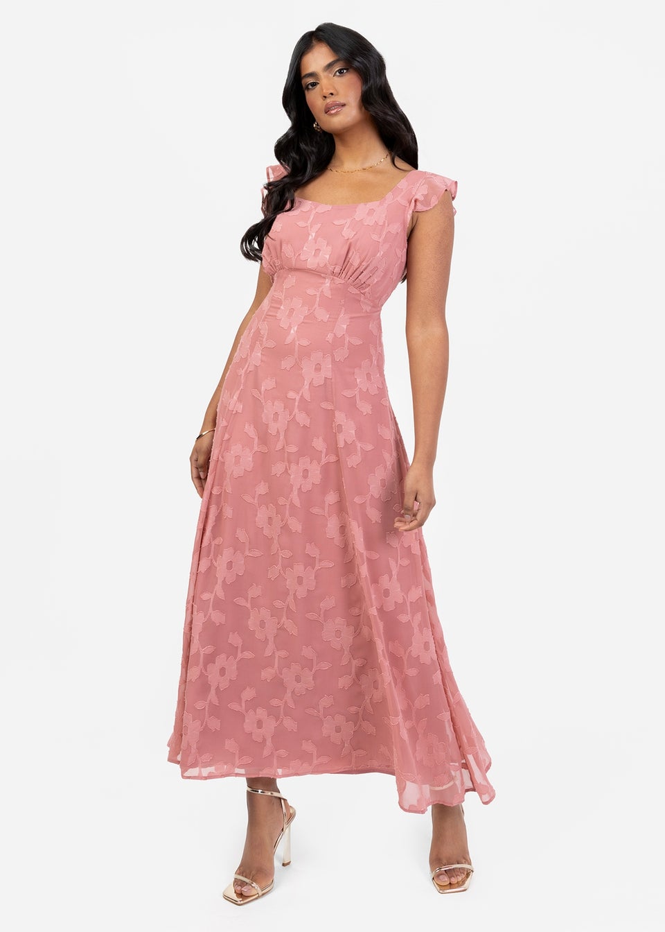 Anaya With Love Pink Recycled Floral Burnout Tie Back Midi Dress