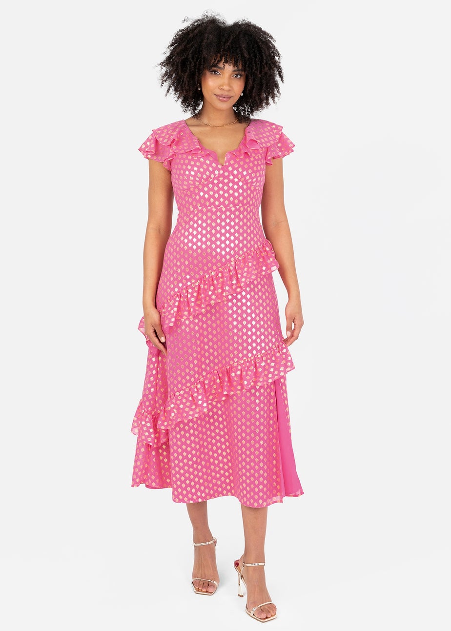 Lovedrobe Pink Flutter Sleeve V Neck Ruffled Midaxi Dress