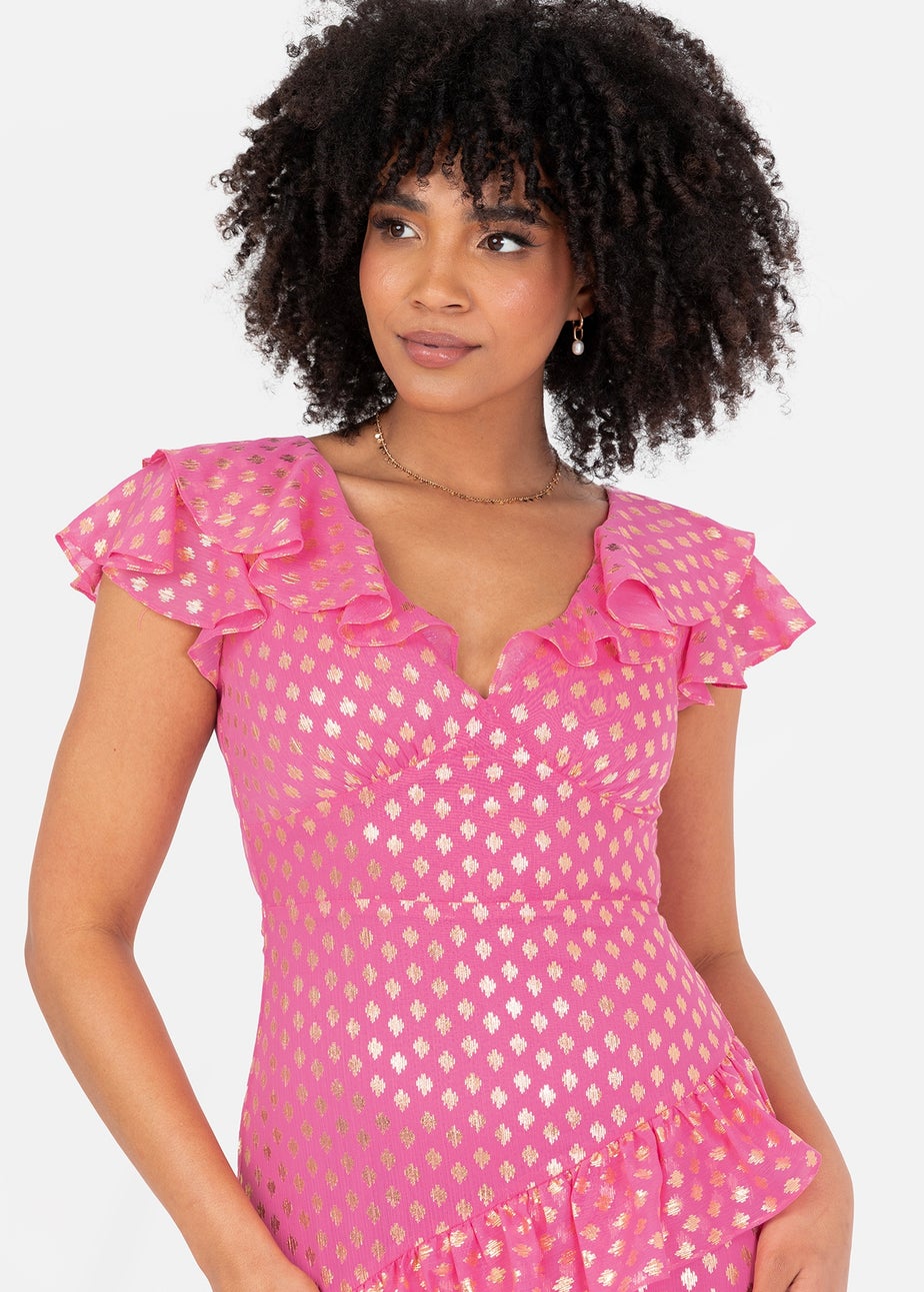 Lovedrobe Pink Flutter Sleeve V Neck Ruffled Midaxi Dress