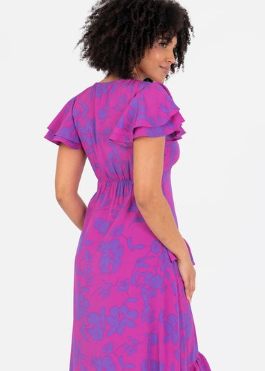 Lovedrobe Purple Floral V Neck Flutter Sleeve Midaxi Dress