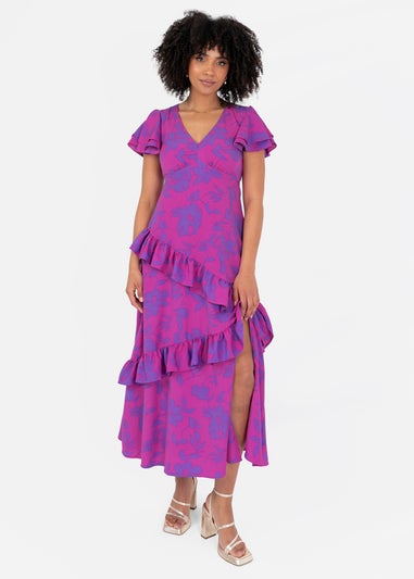 Lovedrobe Purple Floral V Neck Flutter Sleeve Midaxi Dress