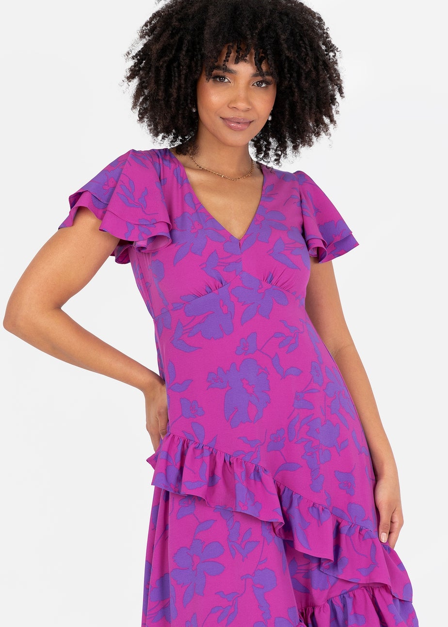 Lovedrobe Purple Floral V Neck Flutter Sleeve Midaxi Dress