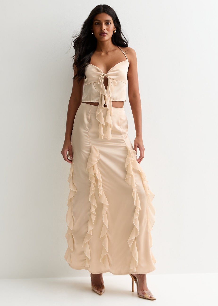 Gini London Champagne Satin Ruffle Maxi Skirt