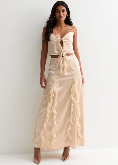 Gini London Champagne Satin Ruffle Maxi Skirt