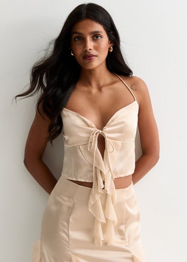 Gini London Champagne Satin Ruffle Tie Front Top