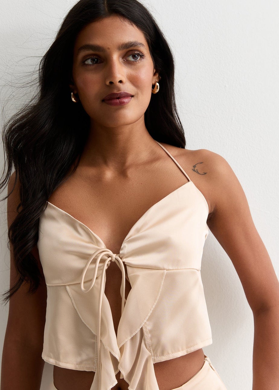 Gini London Champagne Satin Ruffle Tie Front Top