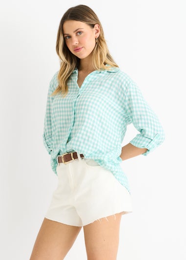 Gini London Sage Green Cotton Gingham Roll Up Sleeves Oversized Tie Top