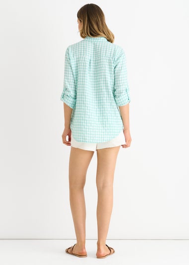 Gini London Sage Green Cotton Gingham Roll Up Sleeves Oversized Tie Top