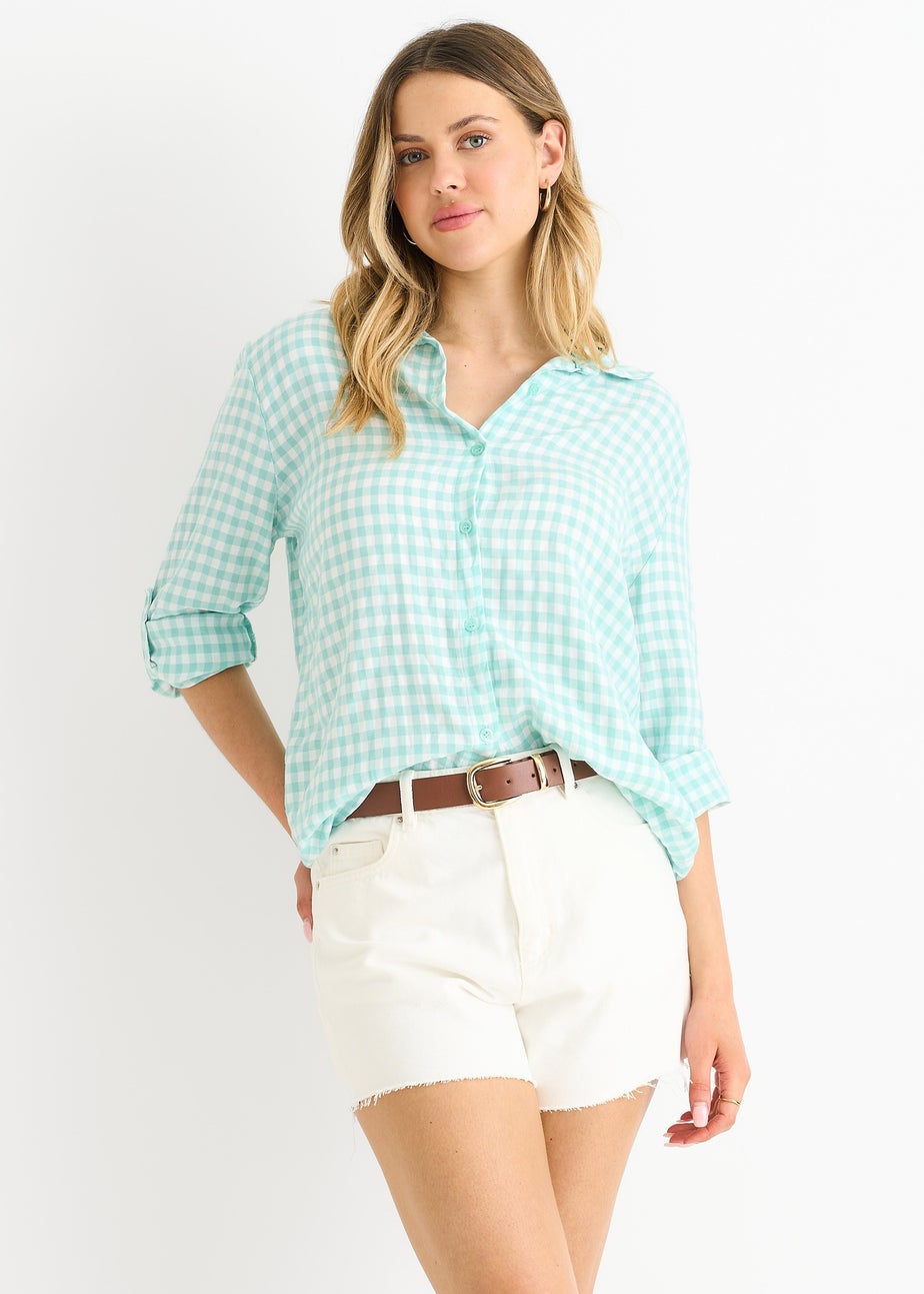 Gini London Sage Green Cotton Gingham Roll Up Sleeves Oversized Tie Top