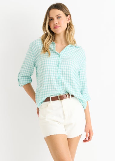 Gini London Sage Green Cotton Gingham Roll Up Sleeves Oversized Tie Top