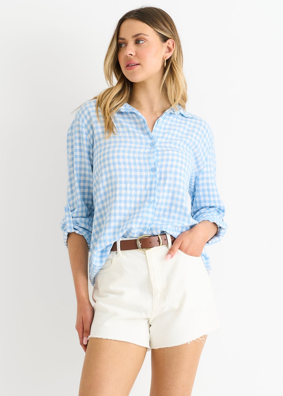 Gini London Blue Cotton Gingham Roll Up Sleeves Oversized Tie Top