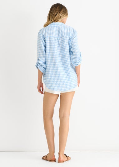 Gini London Blue Cotton Gingham Roll Up Sleeves Oversized Tie Top