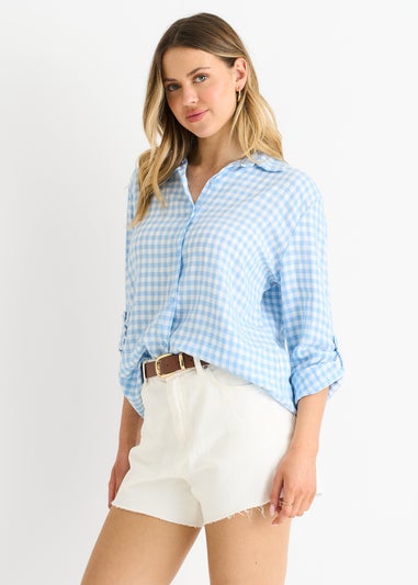 Gini London Blue Cotton Gingham Roll Up Sleeves Oversized Tie Top