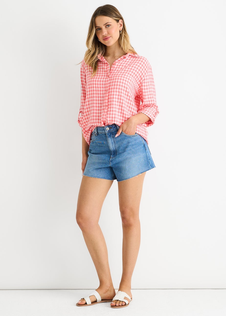 Gini London Coral Cotton Gingham Roll Up Sleeves Oversized Tie Top