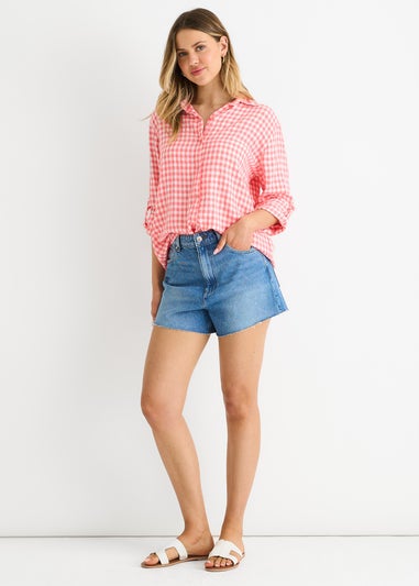 Gini London Coral Cotton Gingham Roll Up Sleeves Oversized Tie Top