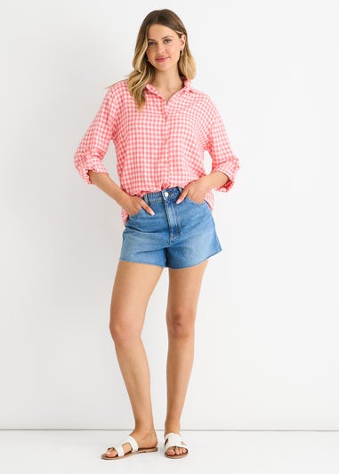 Gini London Coral Cotton Gingham Roll Up Sleeves Oversized Tie Top