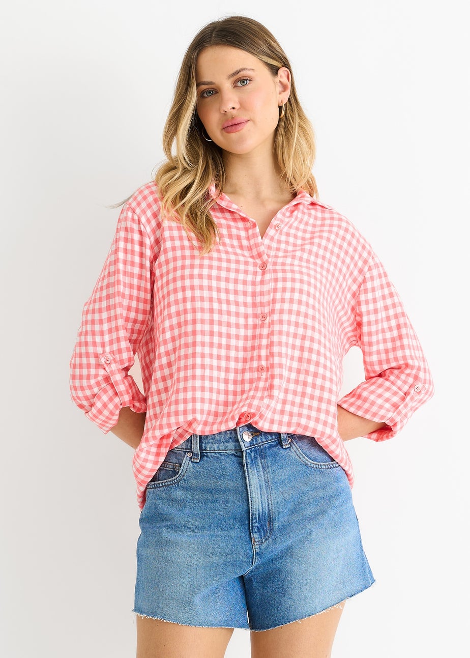 Gini London Coral Cotton Gingham Roll Up Sleeves Oversized Tie Top
