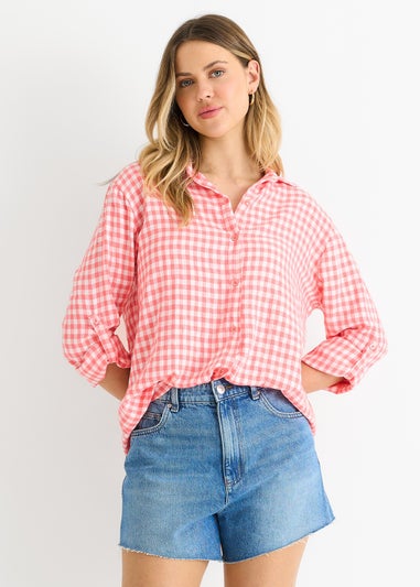 Gini London Coral Cotton Gingham Roll Up Sleeves Oversized Tie Top