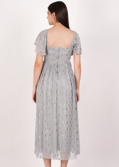 Gini London Silver Jacquard Metallic Angel Sleeves Midi Dress