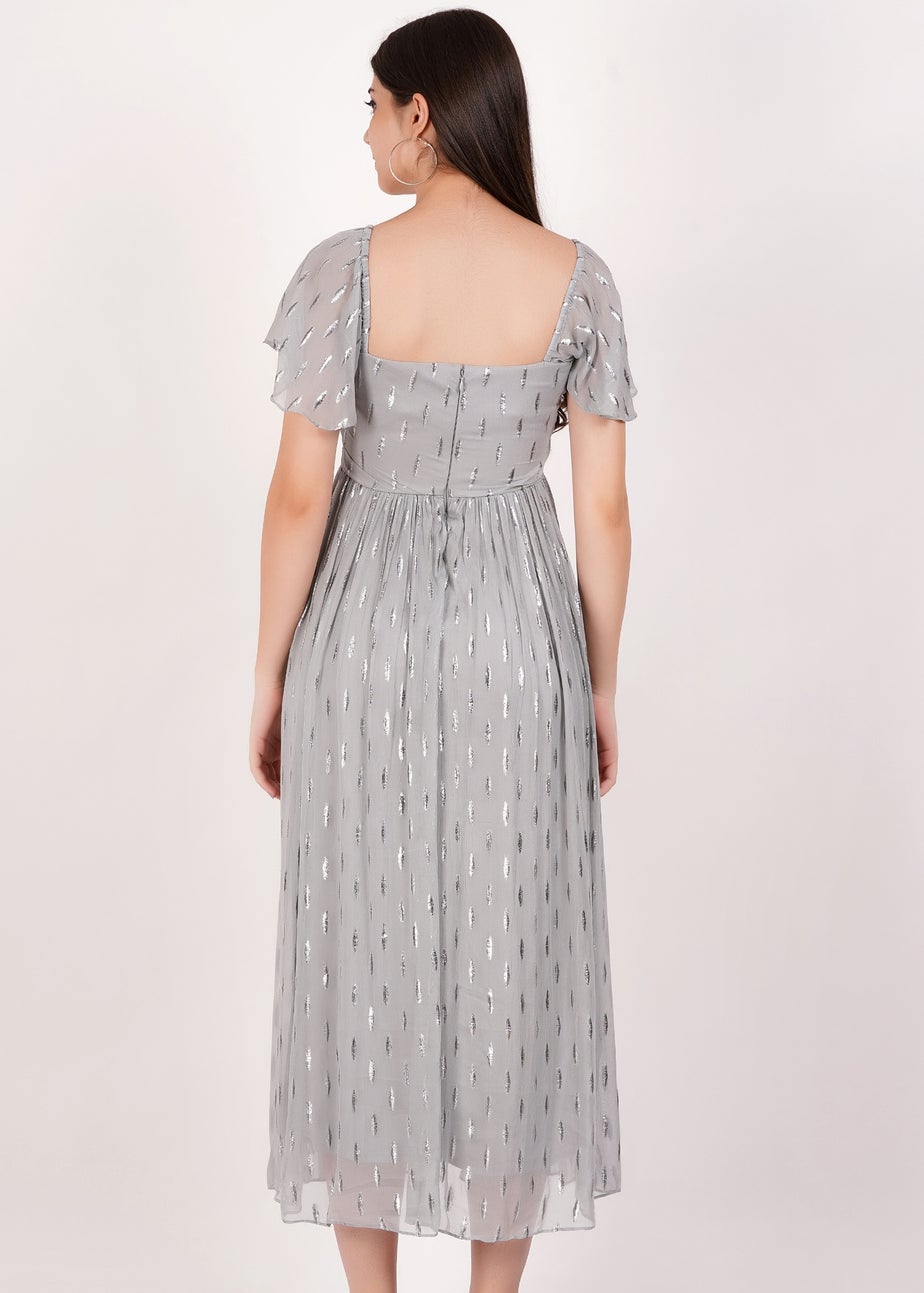Gini London Silver Jacquard Metallic Angel Sleeves Midi Dress