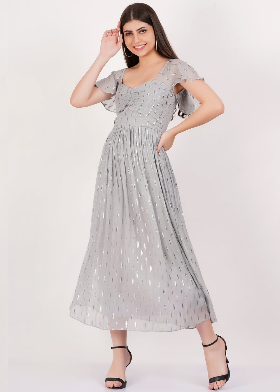 Gini London Silver Jacquard Metallic Angel Sleeves Midi Dress