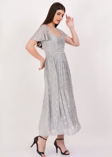 Gini London Silver Jacquard Metallic Angel Sleeves Midi Dress