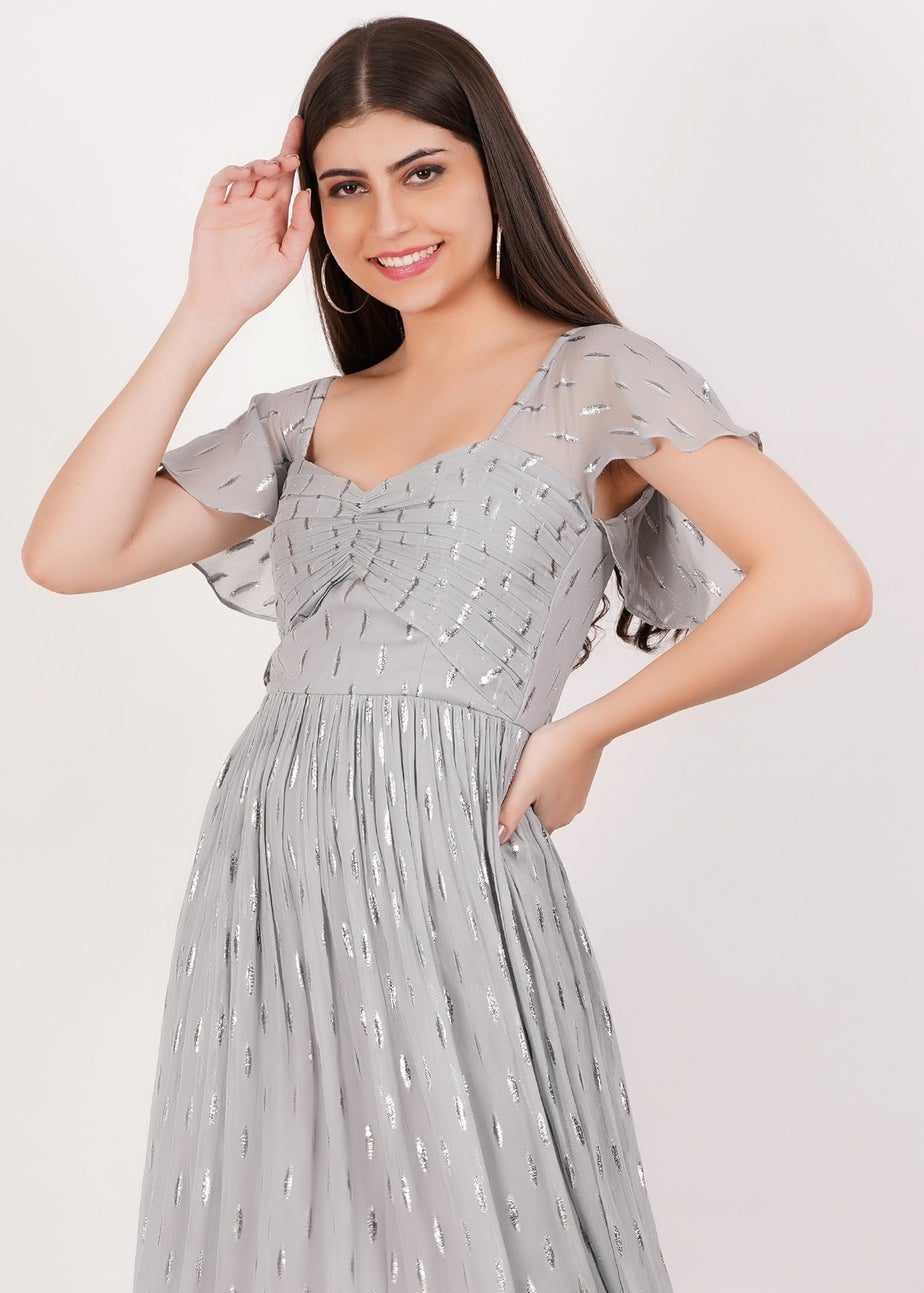 Gini London Silver Jacquard Metallic Angel Sleeves Midi Dress