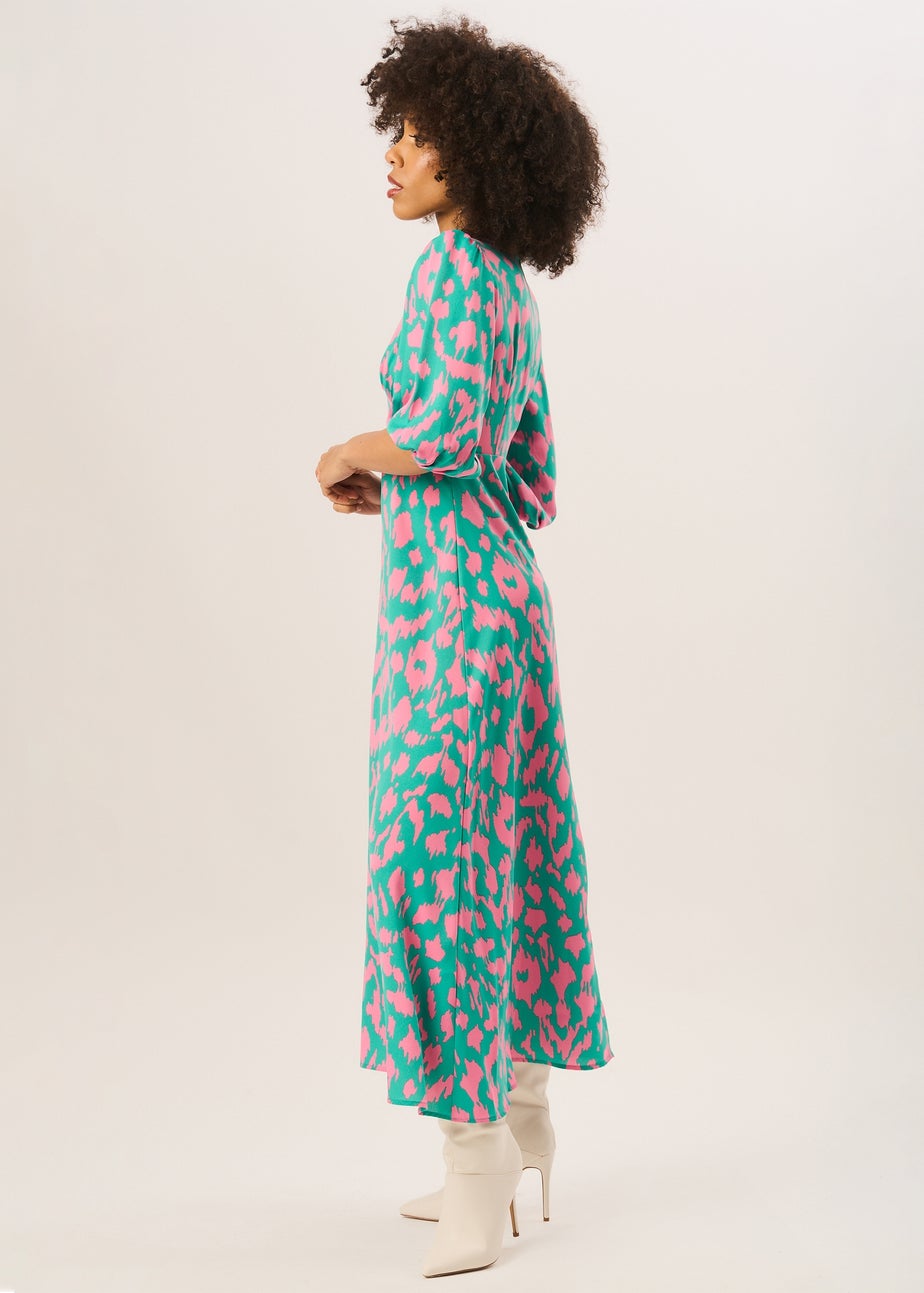 Gini London Green Animal Print V Neck Shift Midi Dress