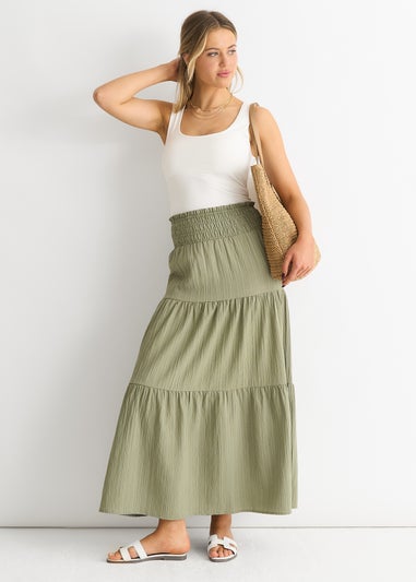 Gini London Khaki Smocked Tiered Maxi Skirt