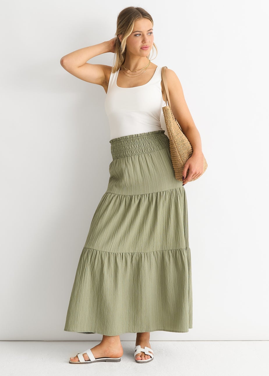 Gini London Khaki Smocked Tiered Maxi Skirt