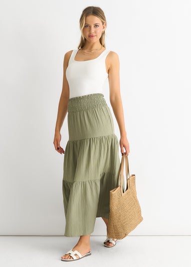 Gini London Khaki Smocked Tiered Maxi Skirt
