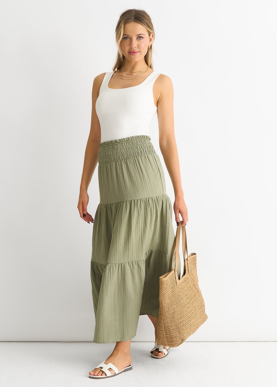 Gini London Khaki Smocked Tiered Maxi Skirt