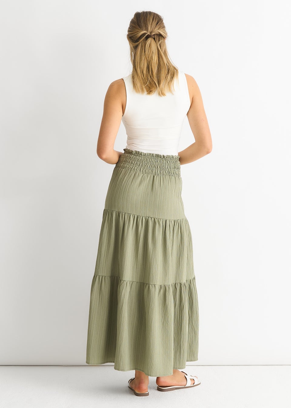 Gini London Khaki Smocked Tiered Maxi Skirt
