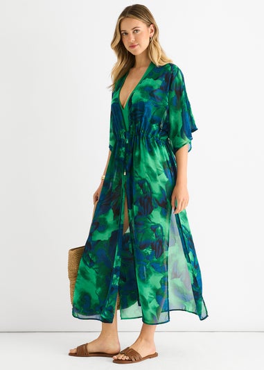 Gini London Green Flowy Open Front Beach Cover Kimono