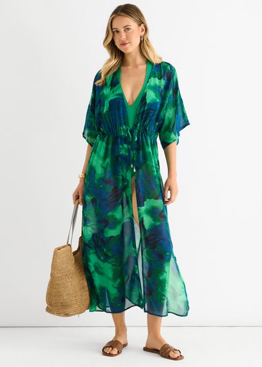 Gini London Green Flowy Open Front Beach Cover Kimono