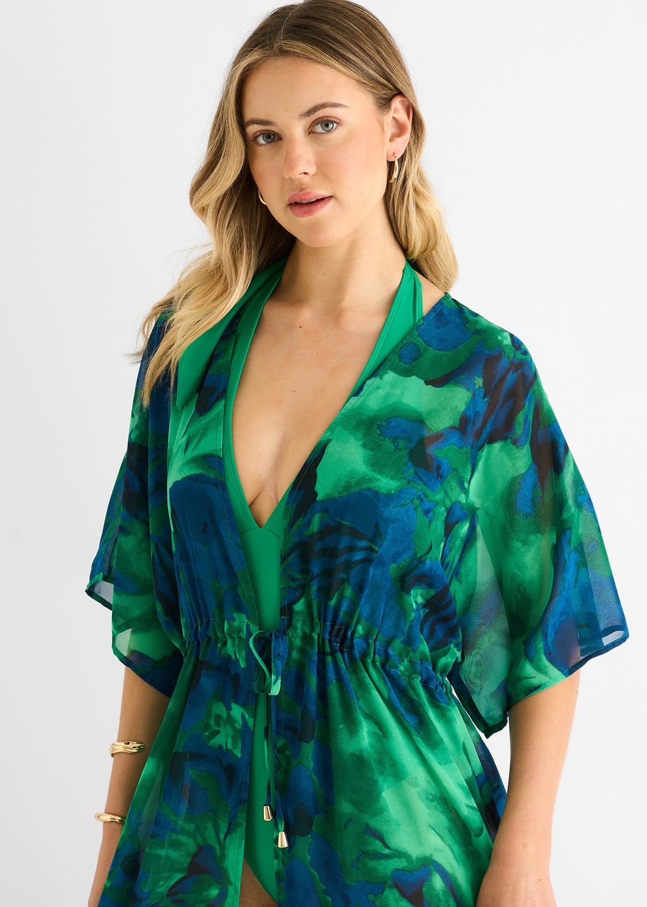 Gini London Green Flowy Open Front Beach Cover Kimono