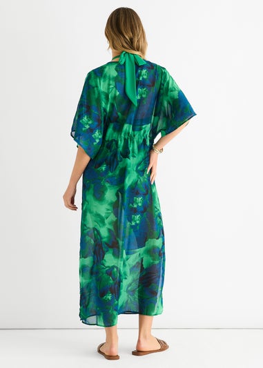 Gini London Green Flowy Open Front Beach Cover Kimono