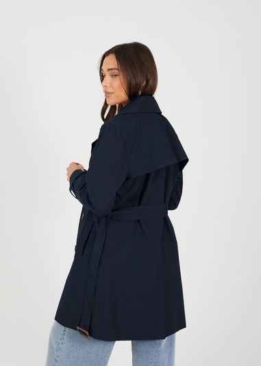 Brave Soul Navy Double Breasted Belted Trench Coat