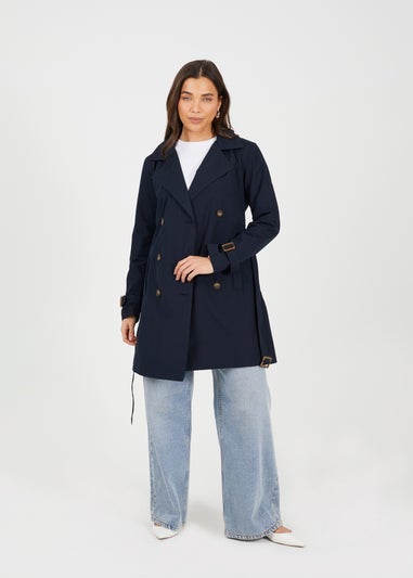 Brave Soul Navy Double Breasted Belted Trench Coat