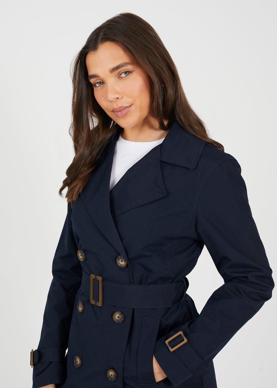 Brave Soul Navy Double Breasted Belted Trench Coat